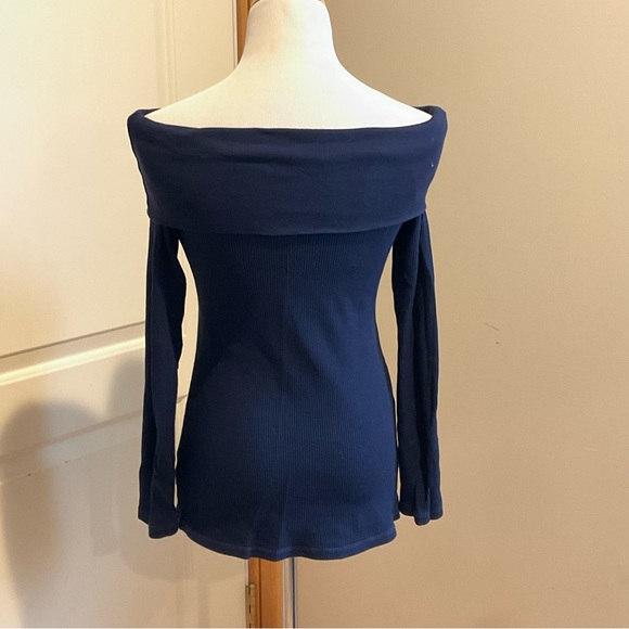 Splendid navy blue waffle off the shoulder Henley top - Picture 2 of 7